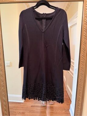 Lela Rose Classic V-Neck Black Dress with Lace Hem